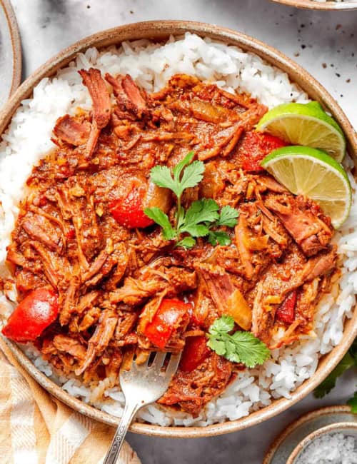 a bowl of rice with shredded beef curry