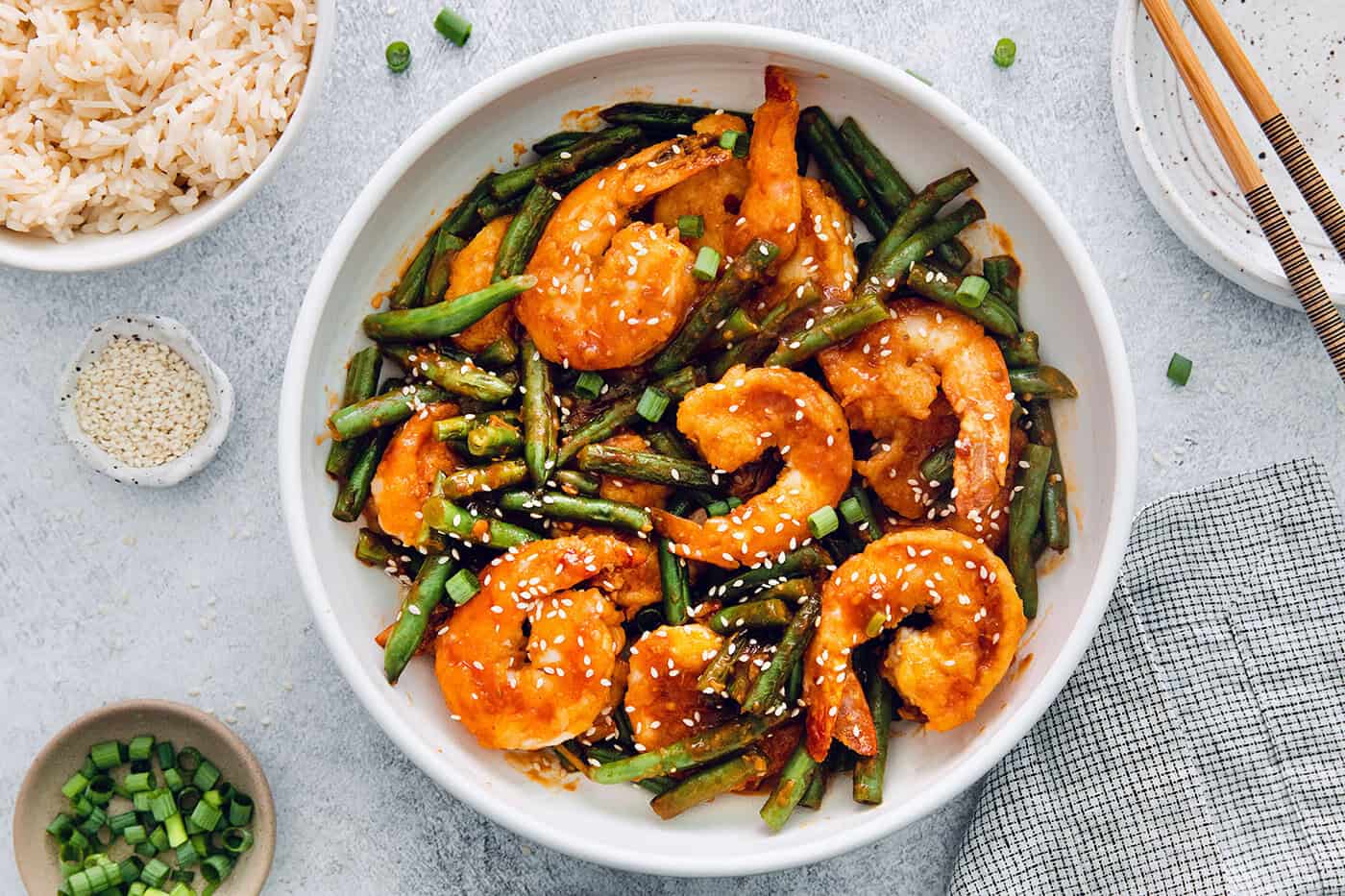 Overhead view of Hunan shrimp and green beans in bowl