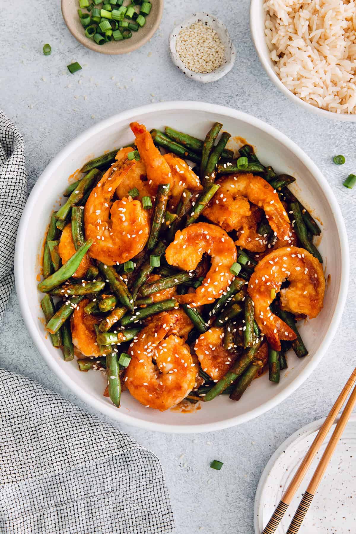 Overhead view of Hunan shrimp and blistered green beans in bowl