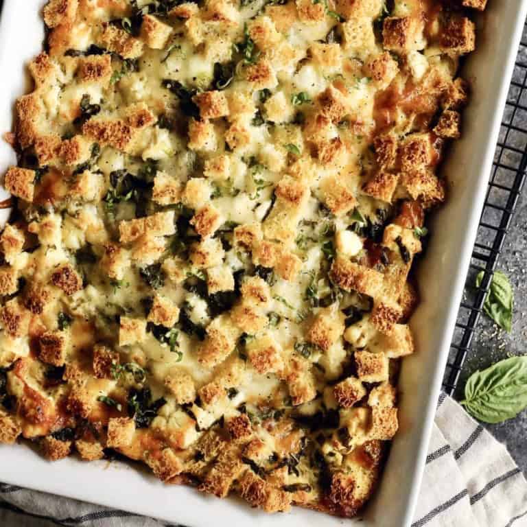 overhead photo of egg bake in a white baking dish