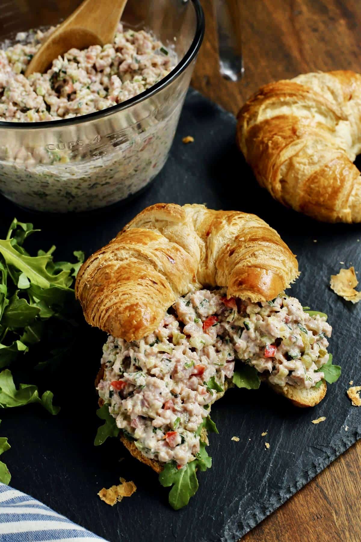 creamy ham salad on a croissant