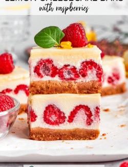 Pinterest image for lemon cheesecake bars with raspberries