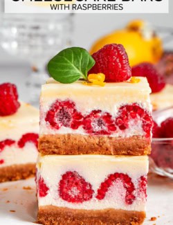 Pinterest image for lemon cheesecake bars with raspberries