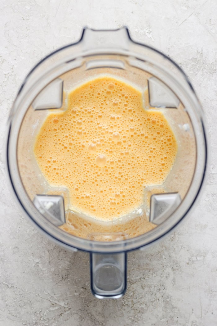Overhead view of egg mixture in blender