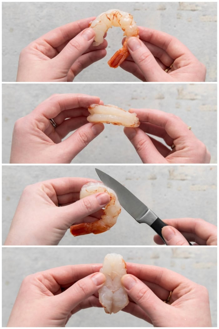 Collage of photos showing process of deveining shrimp