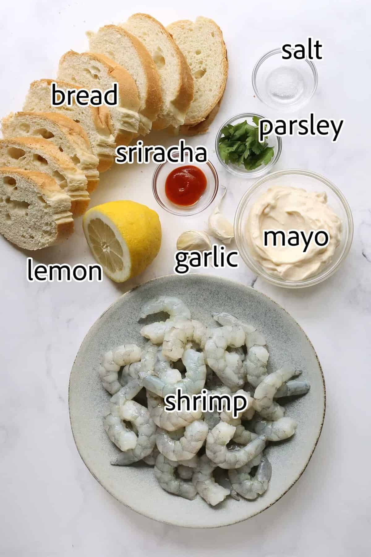 Sriracha garlic shrimp toast is made with tender shrimp, spicy sriracha mayo, and lightly crispy toast! An easy appetizer or light meal. ingredients needed for sriracha shrimp toast