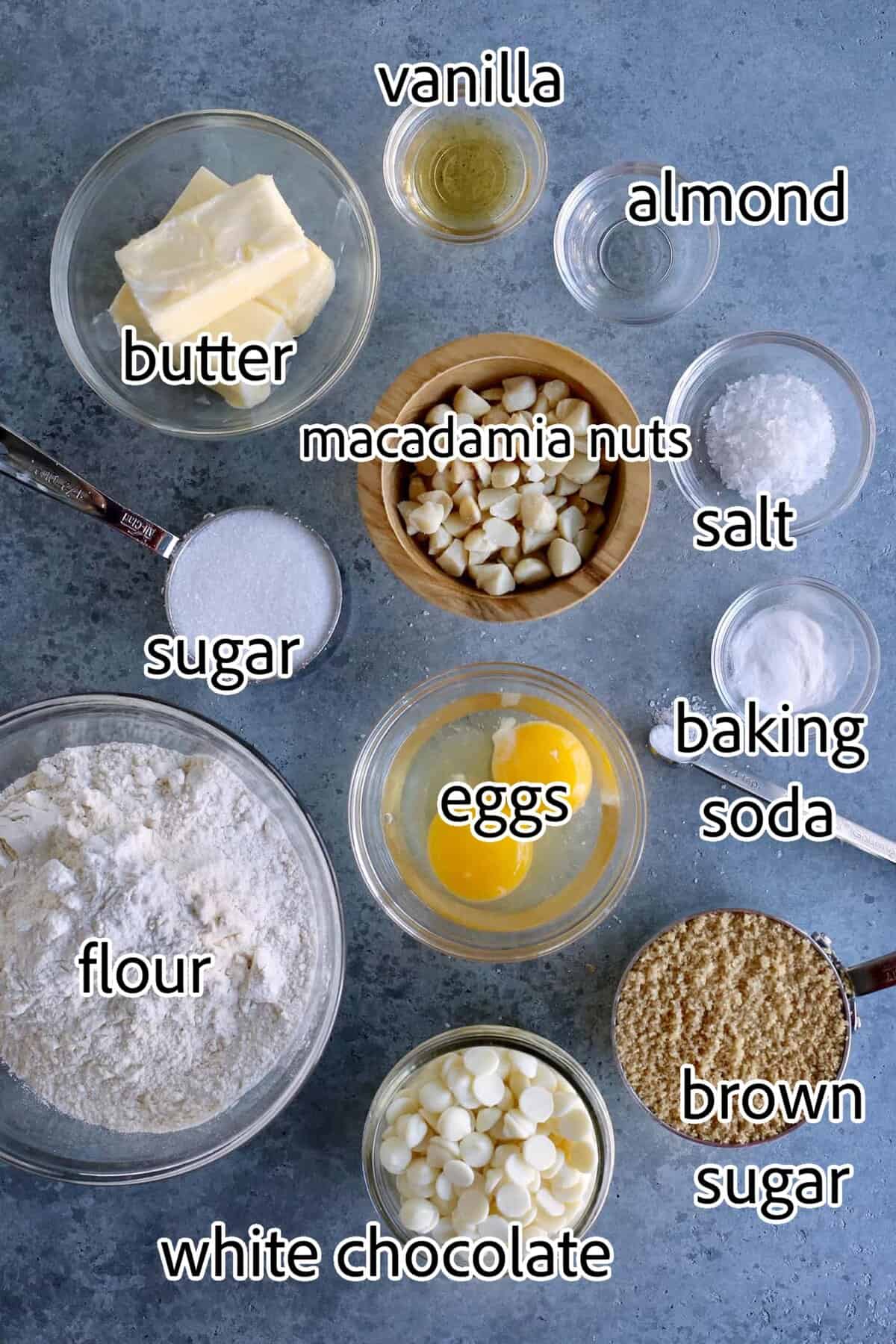 ingredients needed for white chocolate macadamia nut cookies