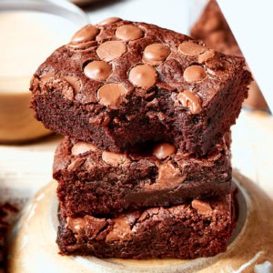 a stack of fudgy brownies