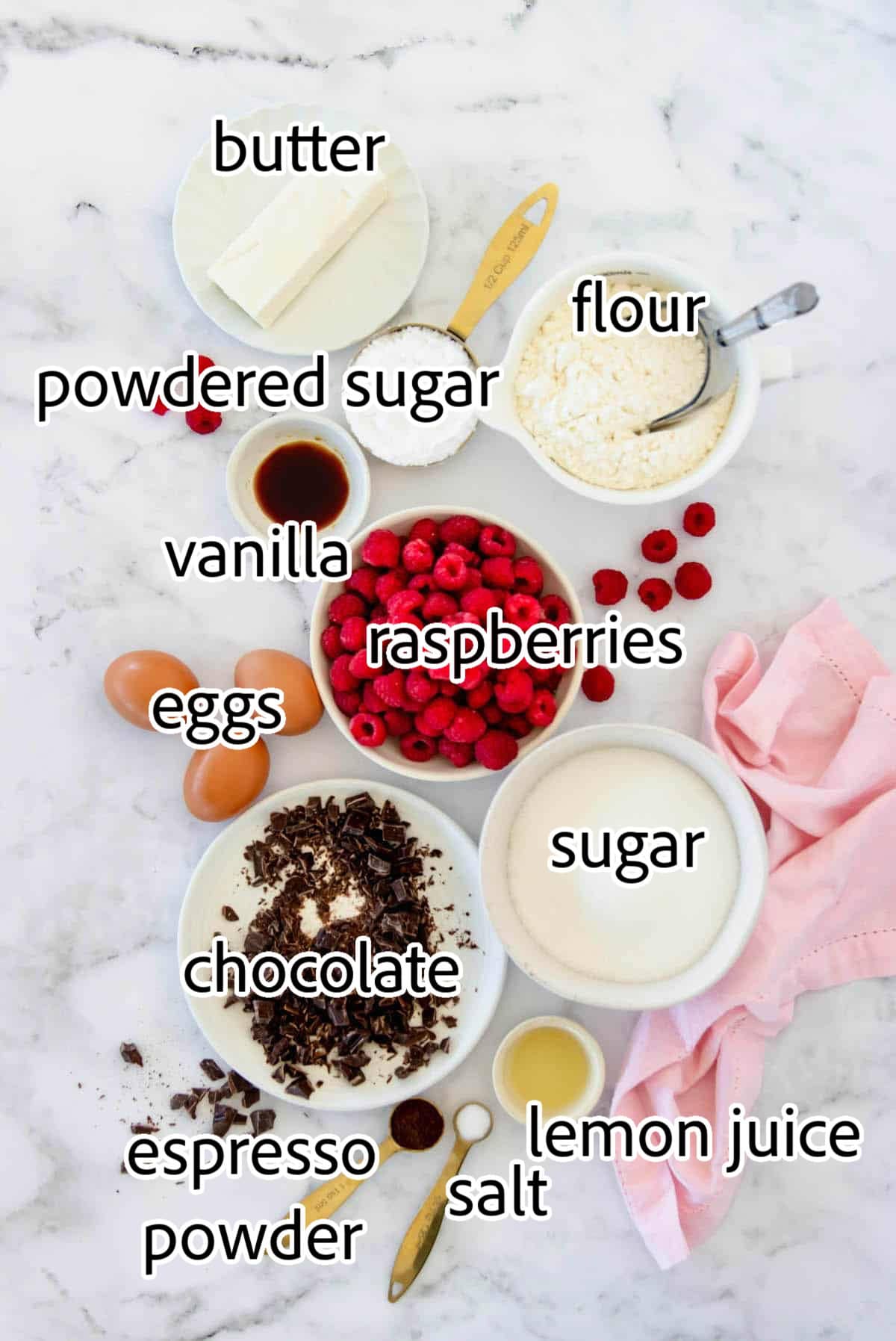 ingredients needed for fudgy spring brownie bites with fresh raspberry buttercream