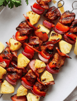 Pinterest image for grilled Hawaiian chicken kabobs recipe