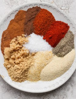 Overhead view of ingredients for jerk seasoning on plate