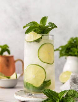 Moscow mule mocktail in glass with lime wheels and mint sprig for garnish