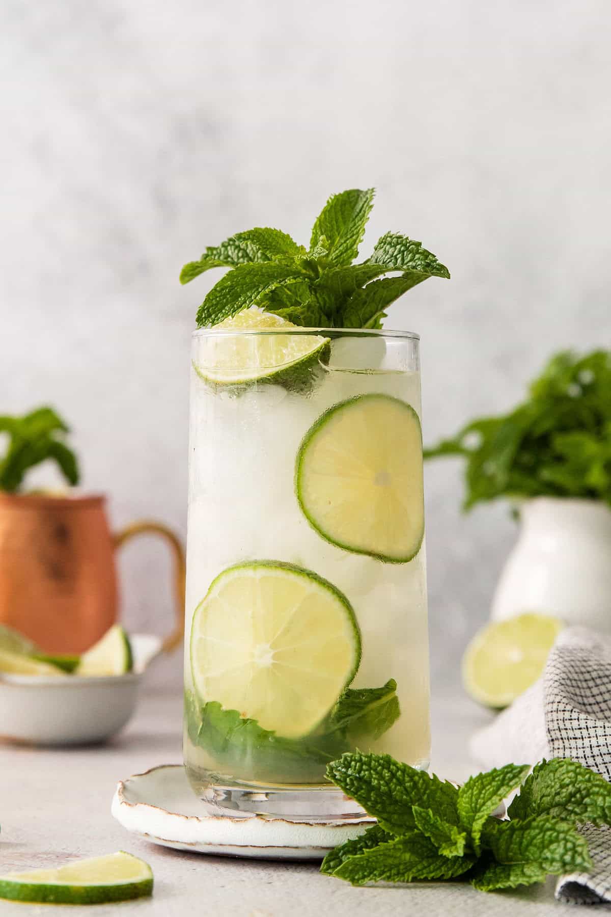 Moscow mule mocktail in glass with lime wheels and mint sprig for garnish