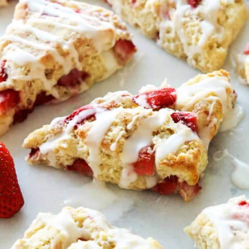 fresh strawberry scones with a powdered sugar glaze