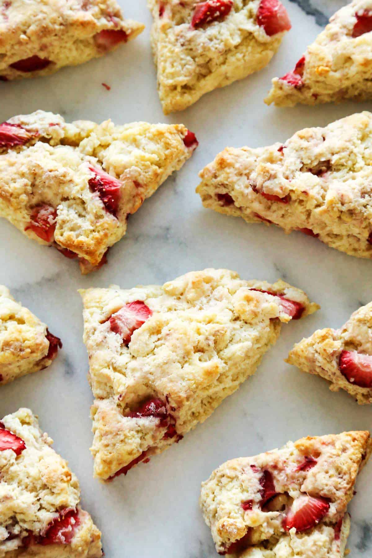 overhead photo of fresh strawberry scones, without the glaze