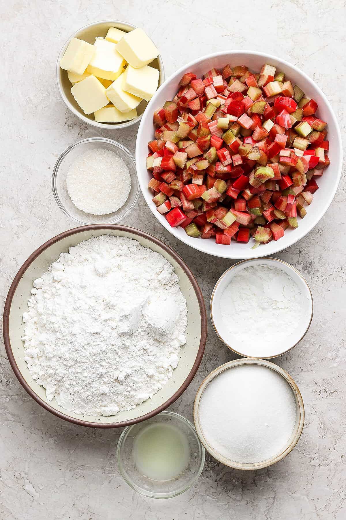 Overhead view of ingredients for rhubarb dump cake