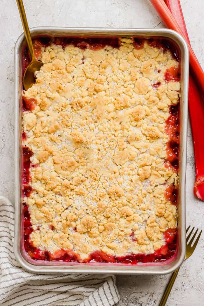 overhead photo of a pan of baked rhubarb dump cake