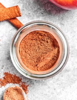 Overhead view of apple pie spice in jar