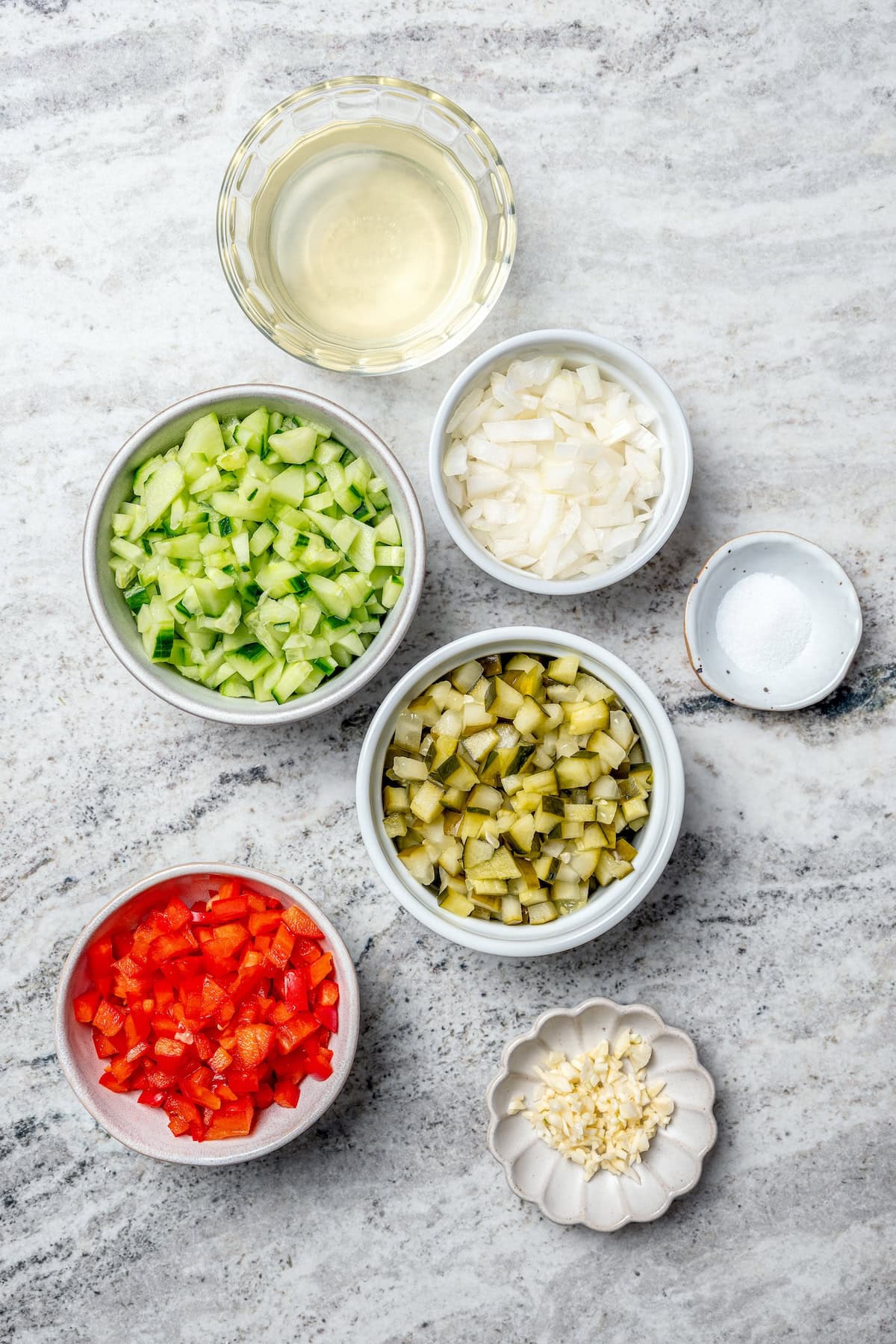 Overhead view of ingredients for pickle de gallo