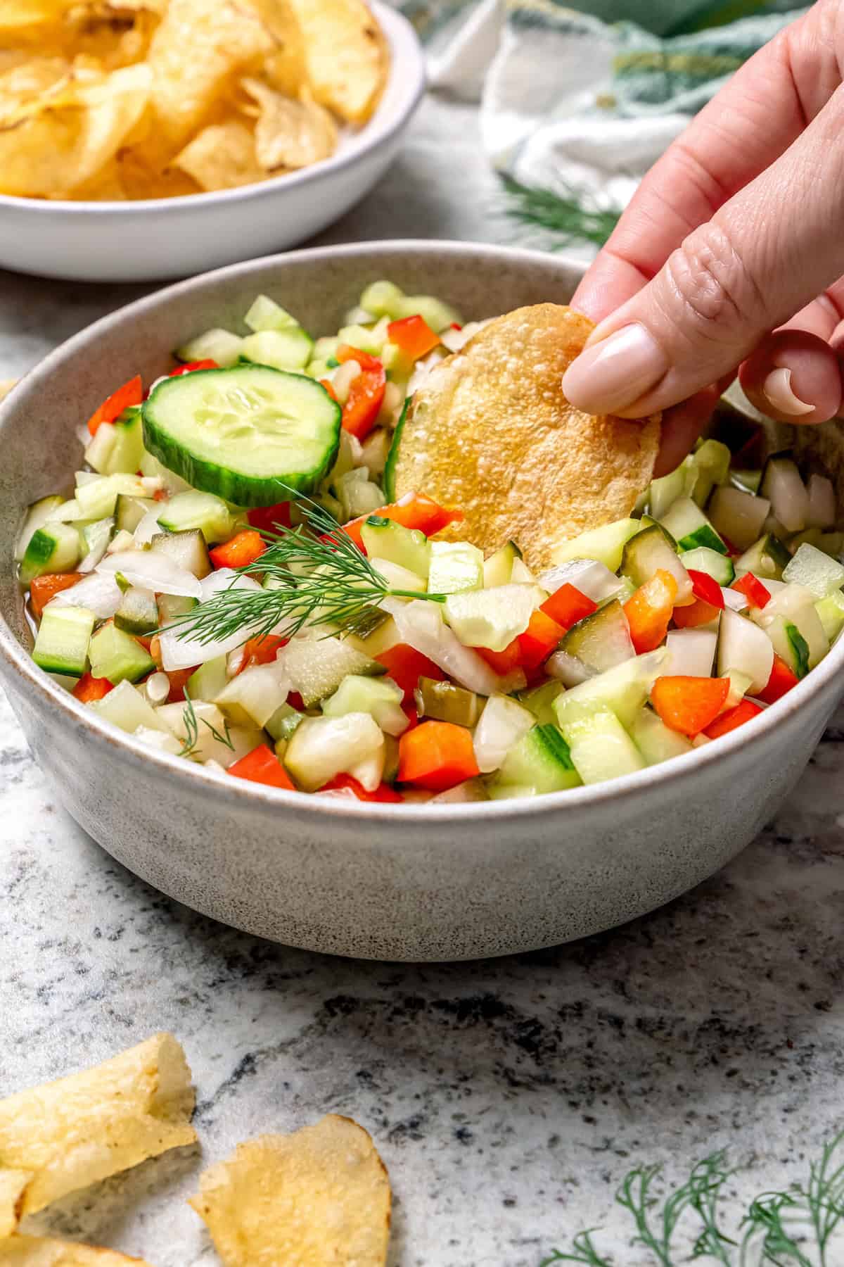 Digging potato chip into bowl of pickle de gallo