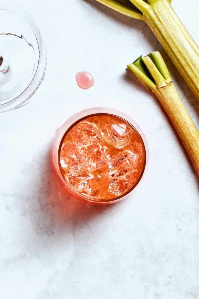 Overhead view of rhubarb aperol spritz