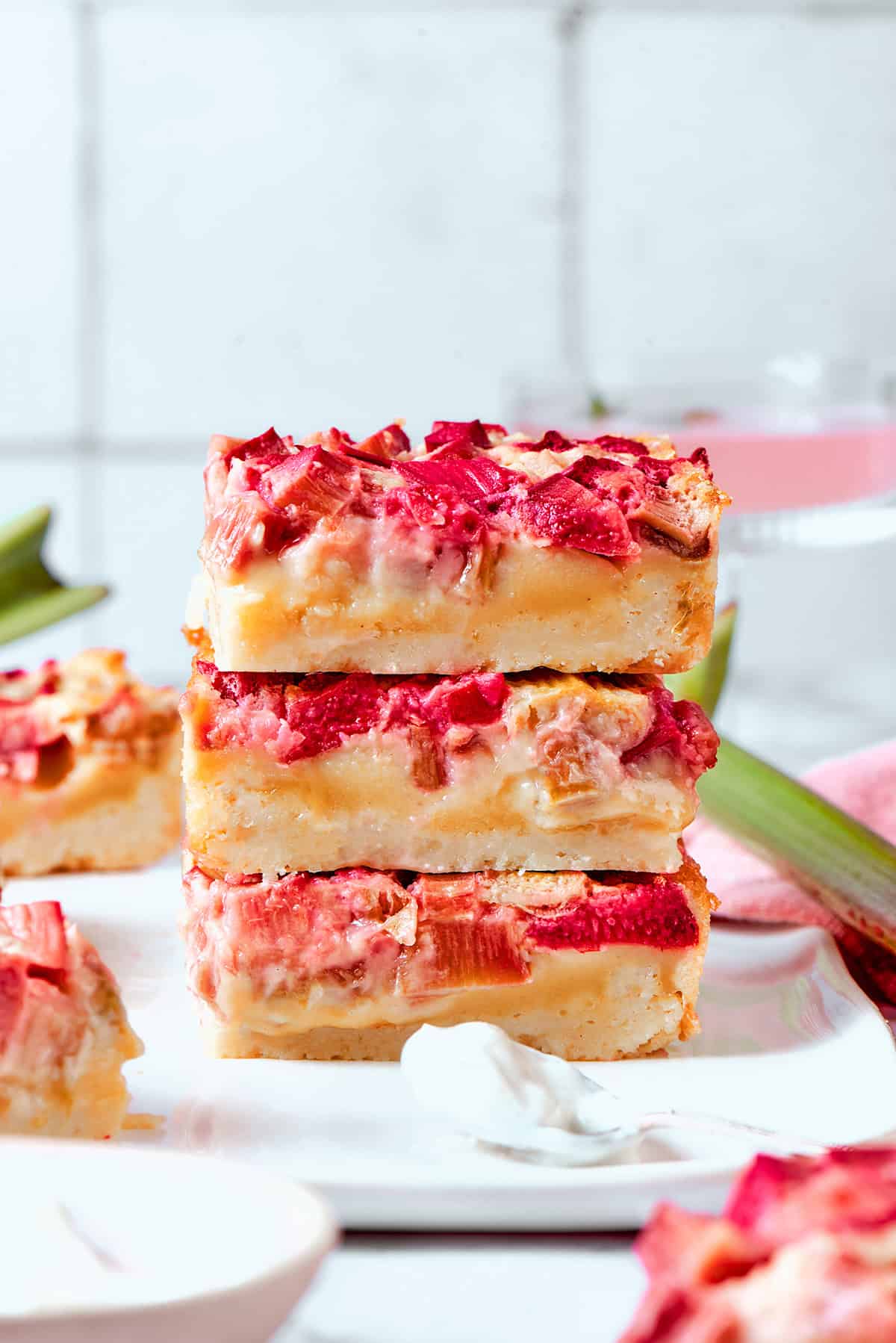 a stack of 3 rhubarb custard bars