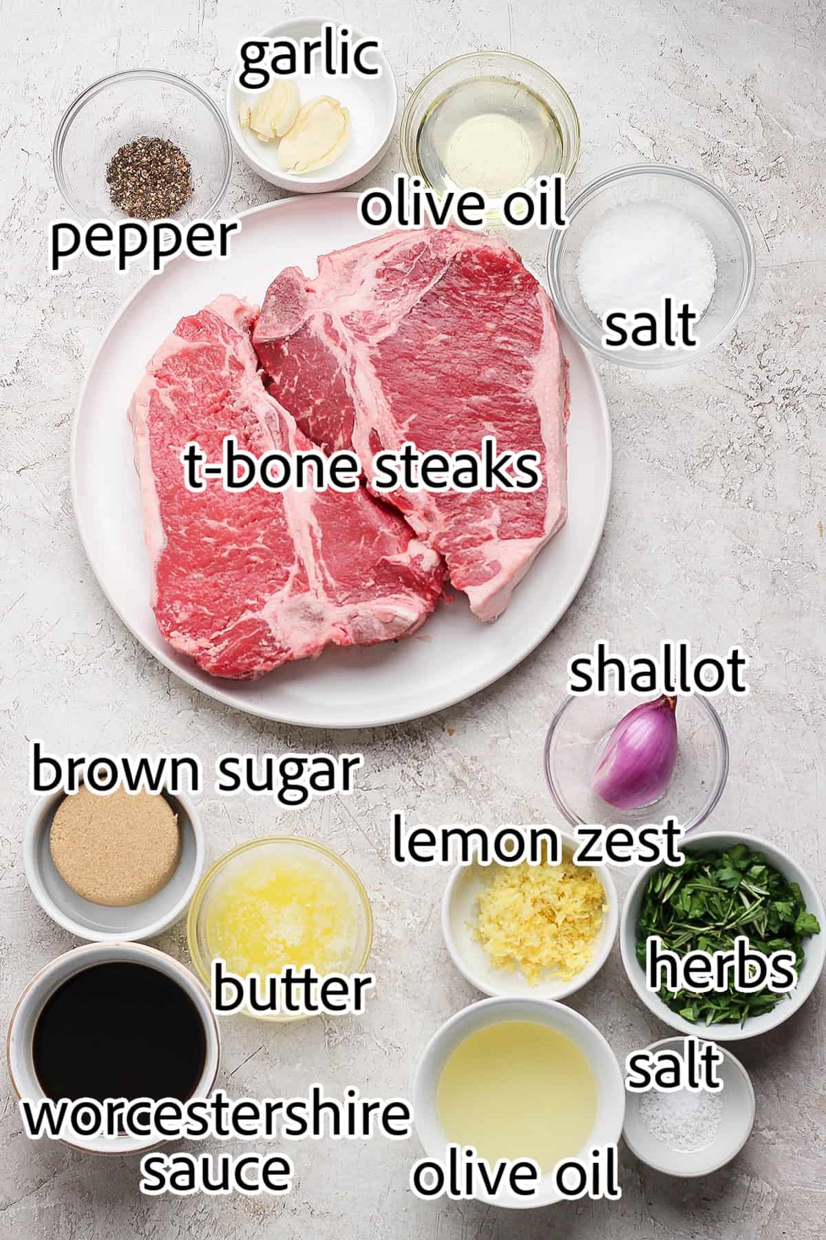 This Grilled T-Bone Steak recipe is my family's absolute favorite! Letting it soak up sauce on the cutting board makes it uniquely delicious. ingredients needed for grilled T-bone steak with board sauce