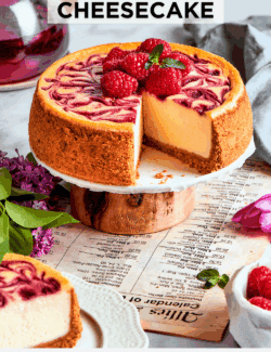 Pinterest image for raspberry swirl cheesecake recipe