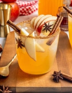 Apple cider margarita in rimmed glass with apple slices, star anise, and cinnamon stick.