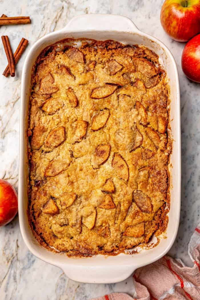 Overhead view of apple dump cake in baking dish.