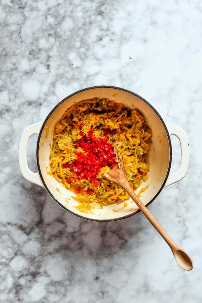 Pimientos added to pot of pickle relish