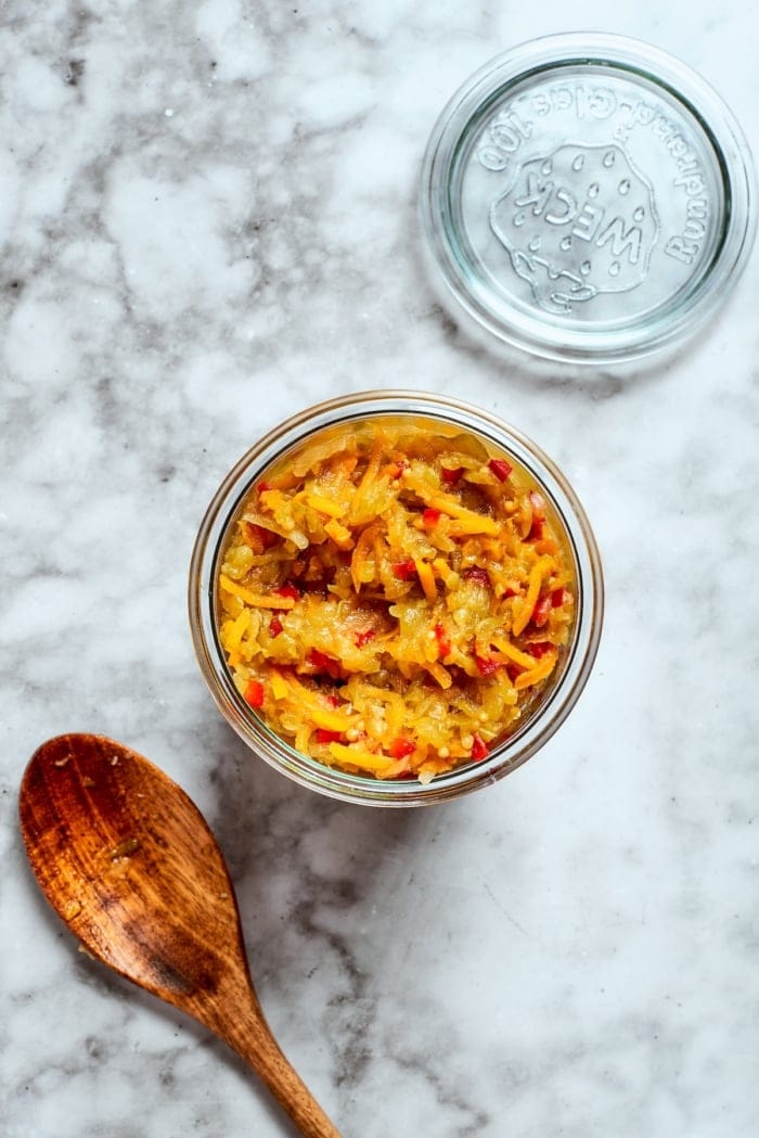 Overhead view of homemade pickle relish in jar