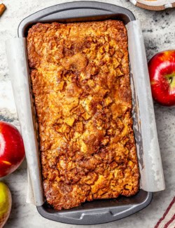 overhead photo of baked apple fritter bread in the baking pan
