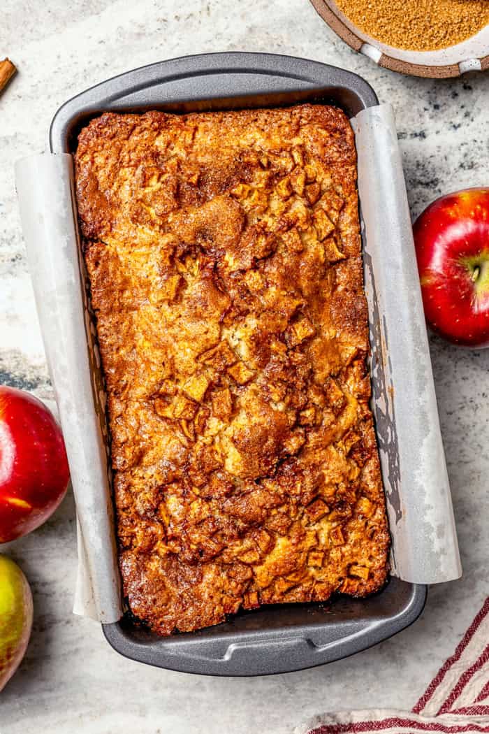 overhead photo of baked apple fritter bread in the baking pan