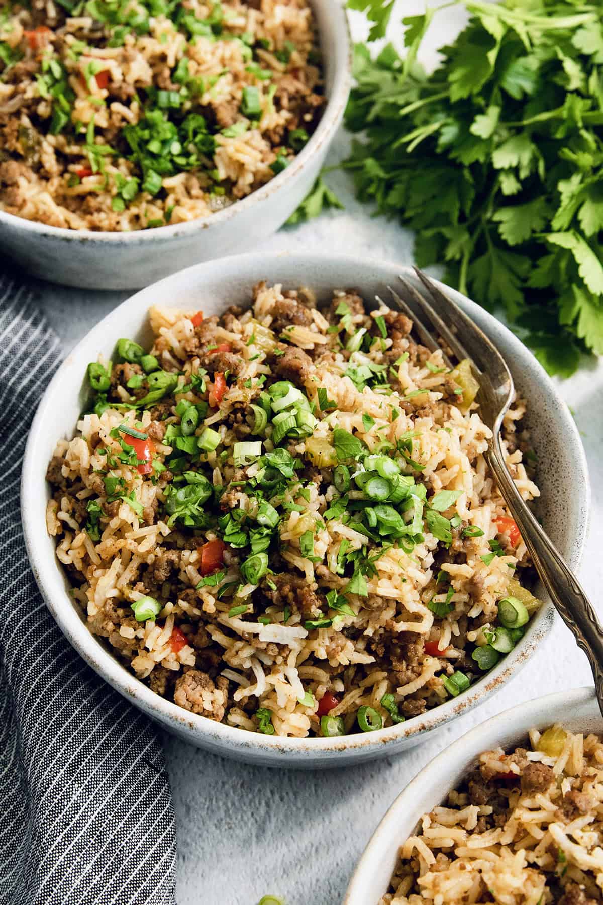 Bowls of homemade dirty rice with green onions and parsley for garnish.