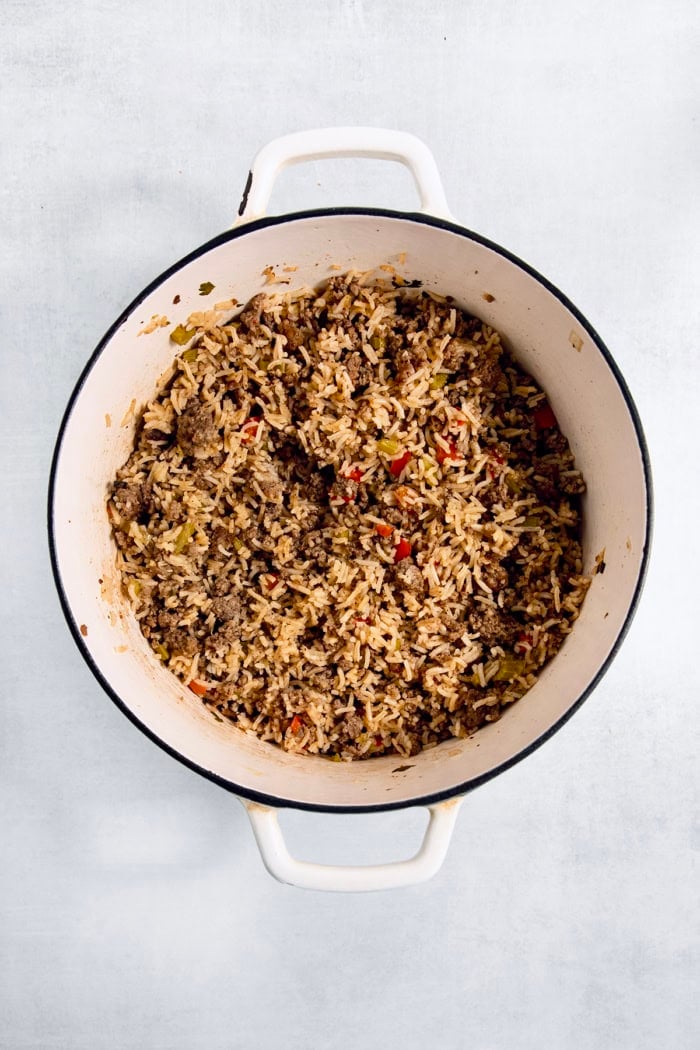 Homemade dirty rice in Dutch oven.