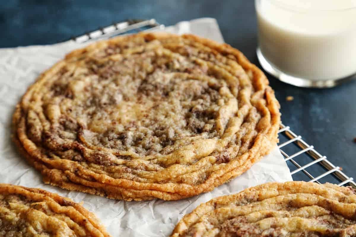 photo showing the crinkly ripples of a giant pan-banging chocolate chip cookie