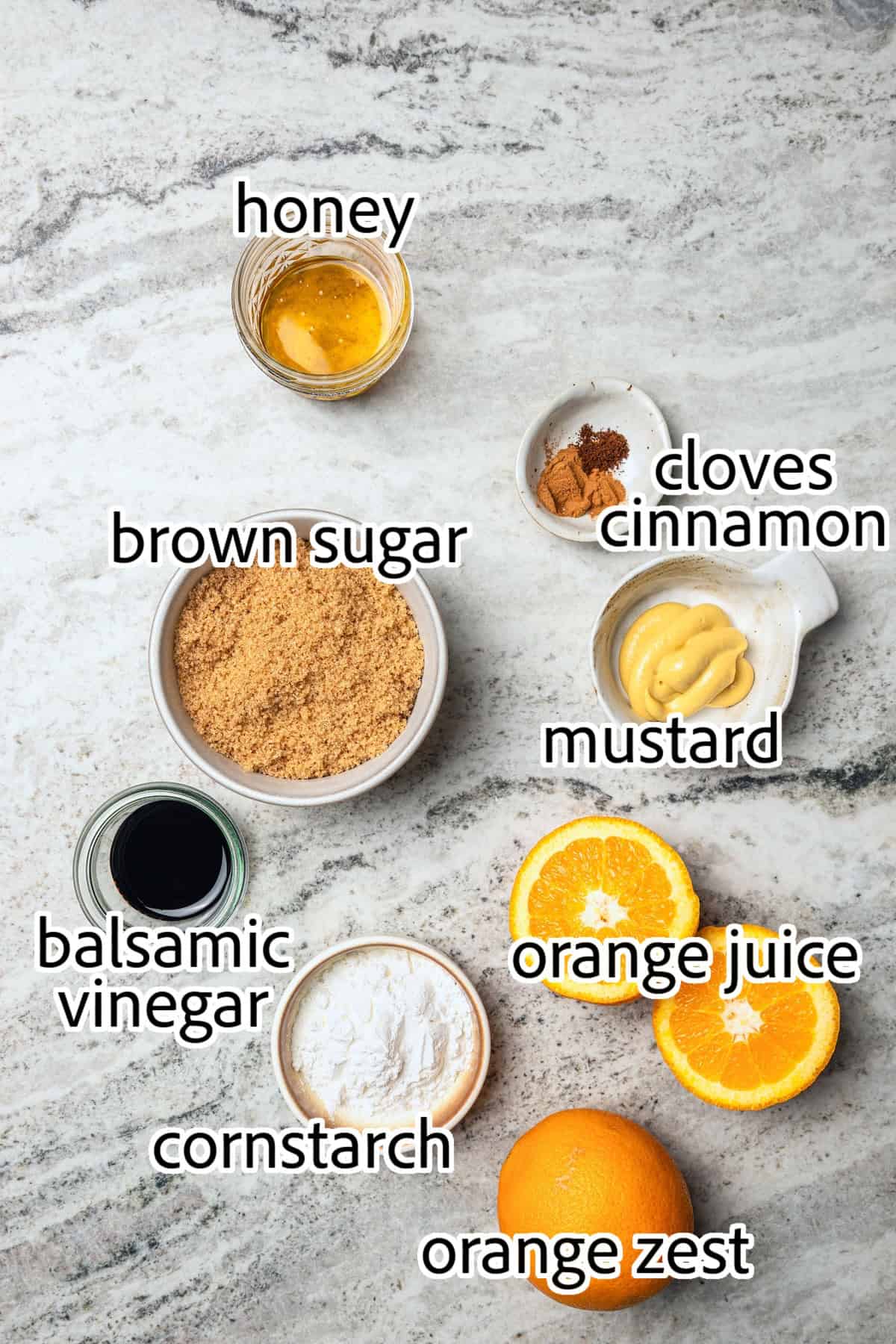 This Orange-Brown Sugar Ham Glaze is sweet and citrusy, but mustard, balsamic vinegar and warm spices add depth too. Easy and delicious! ingredients needed for orange brown sugar ham glaze