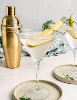 a pickle juice martini in a martini glass