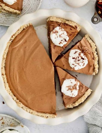 overhead photo of French silk pie in a white pie plate
