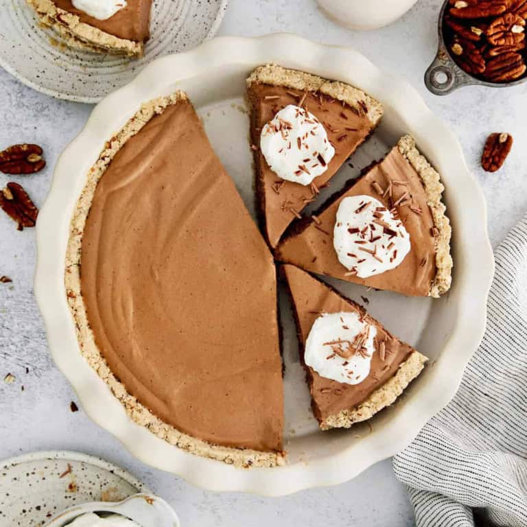 overhead photo of French silk pie in a white pie plate