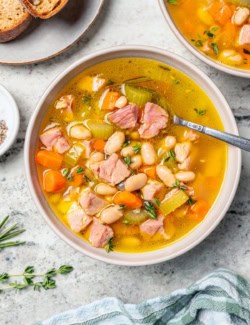 Bowl of ham and bean soup with spoon.