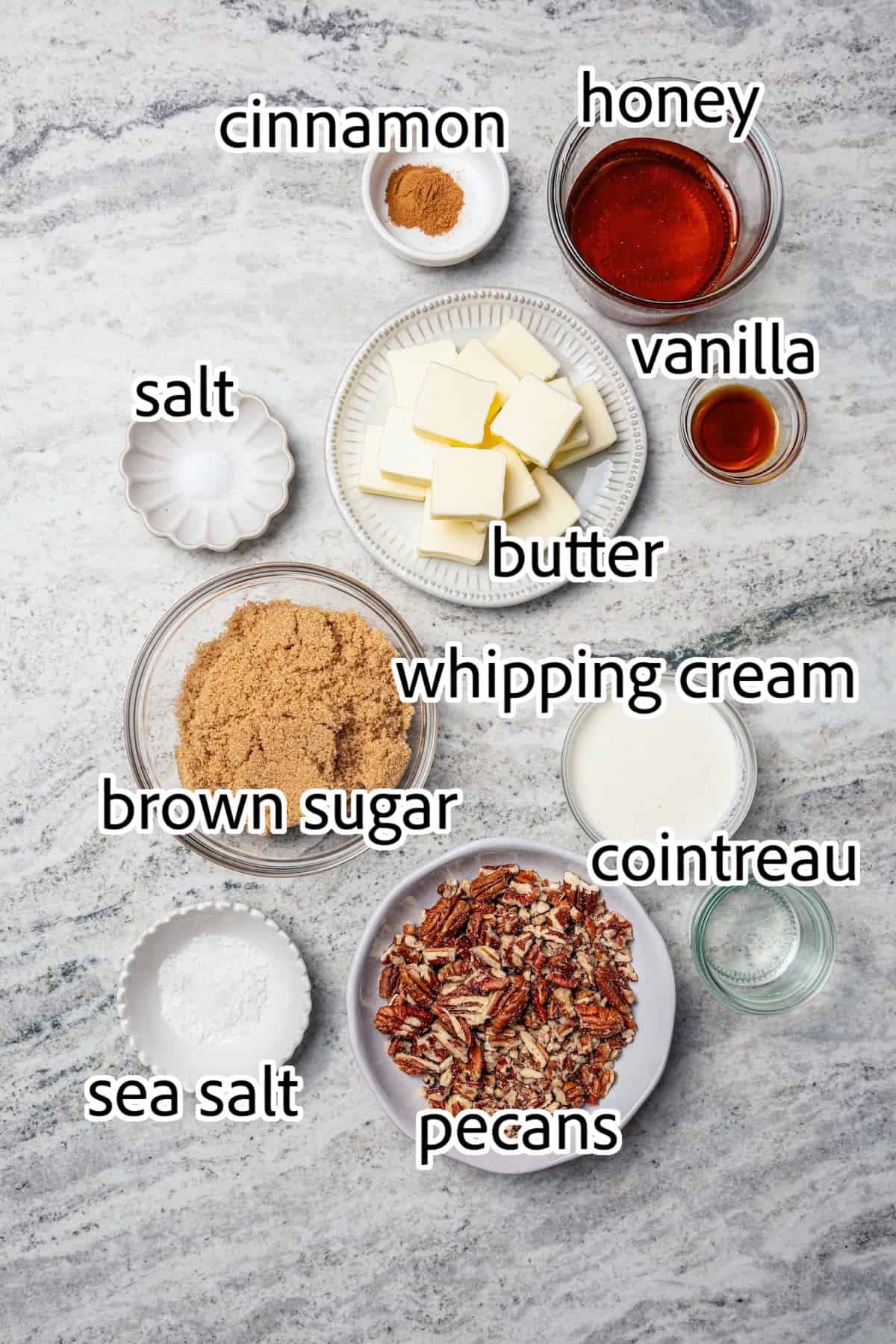 These Pecan Pie Bars have a caramel filling, buttery shortbread crust and NO corn syrup! Honey and brown sugar adds the perfect sweetness. ingredients needed for pecan pie bars