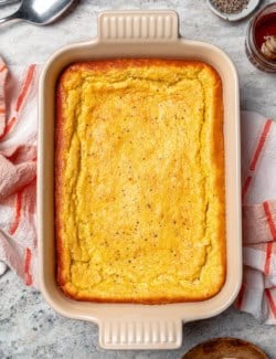 Spoon bread baked in casserole dish.
