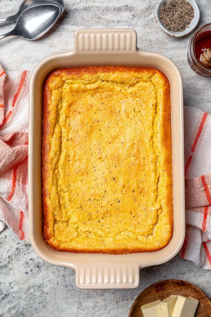 Spoon bread baked in casserole dish.