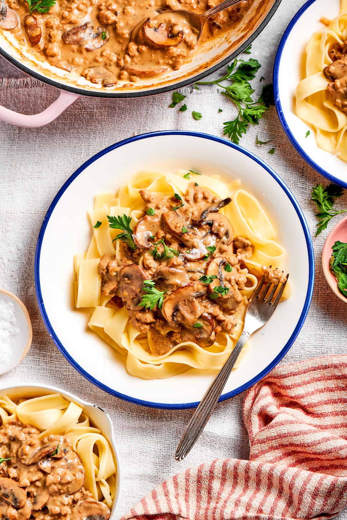 ground beef stroganoff on a white plate with a blue rim