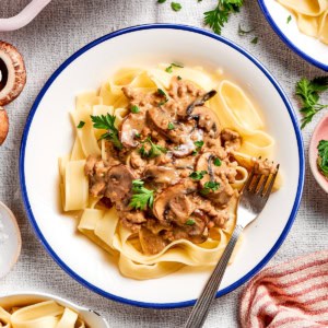 ground beef stroganoff on a white plate with a blue rim