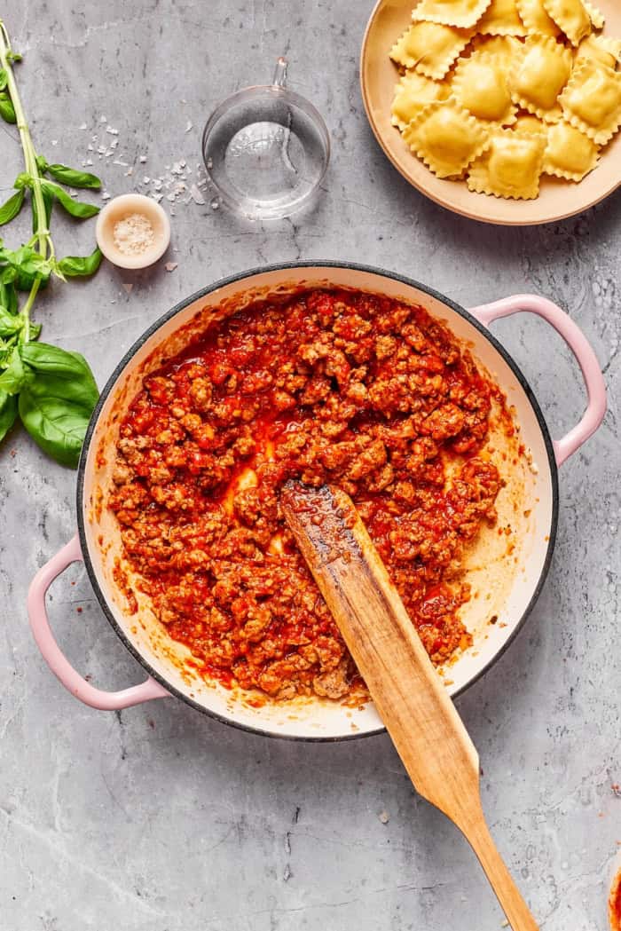 Meat sauce in cast iron pan.