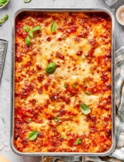 Lazy ravioli lasagna in metal baking pan.