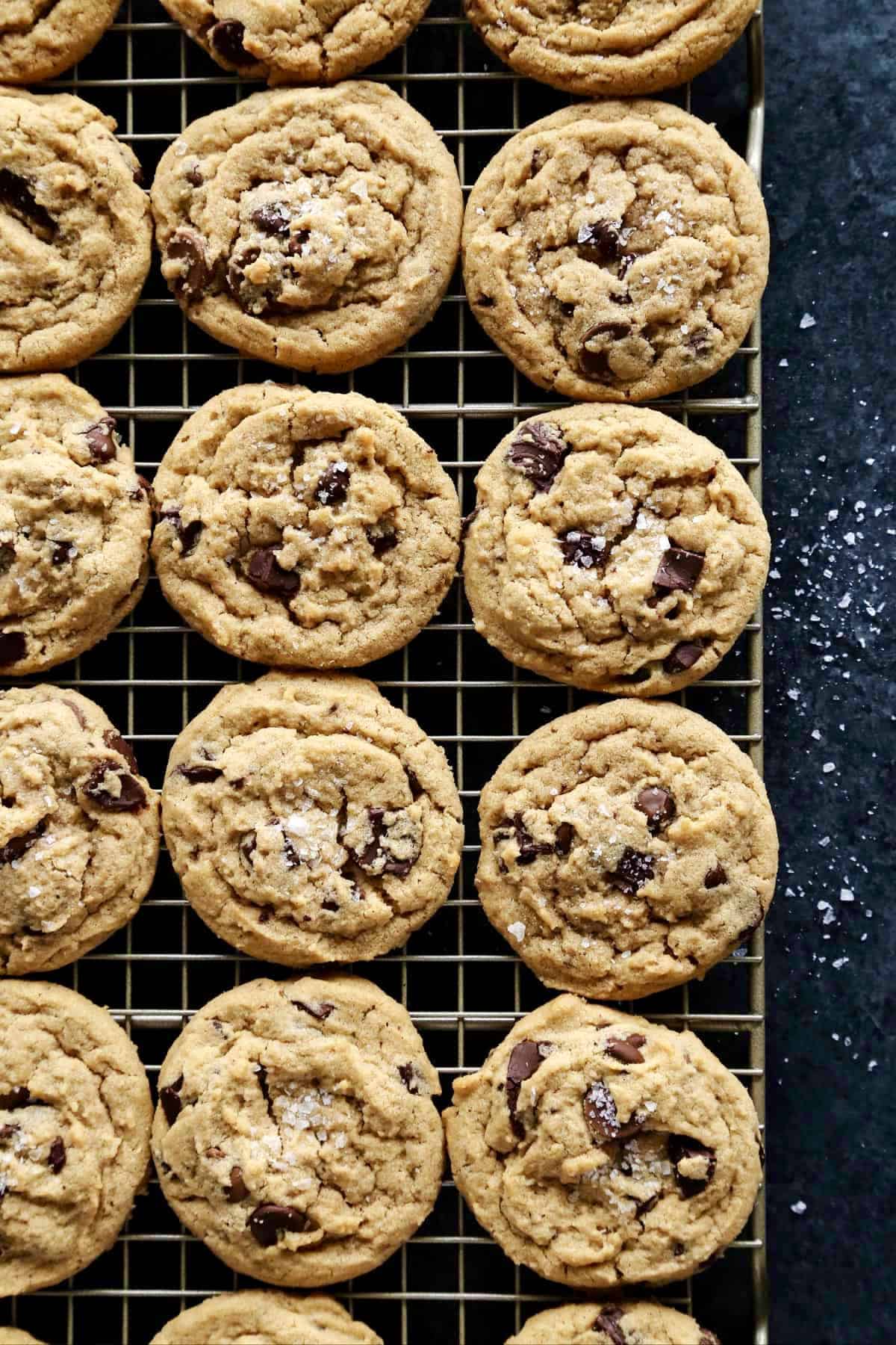overhead photo of peanut butter chocolate chip cookies cooling on a wire rack
